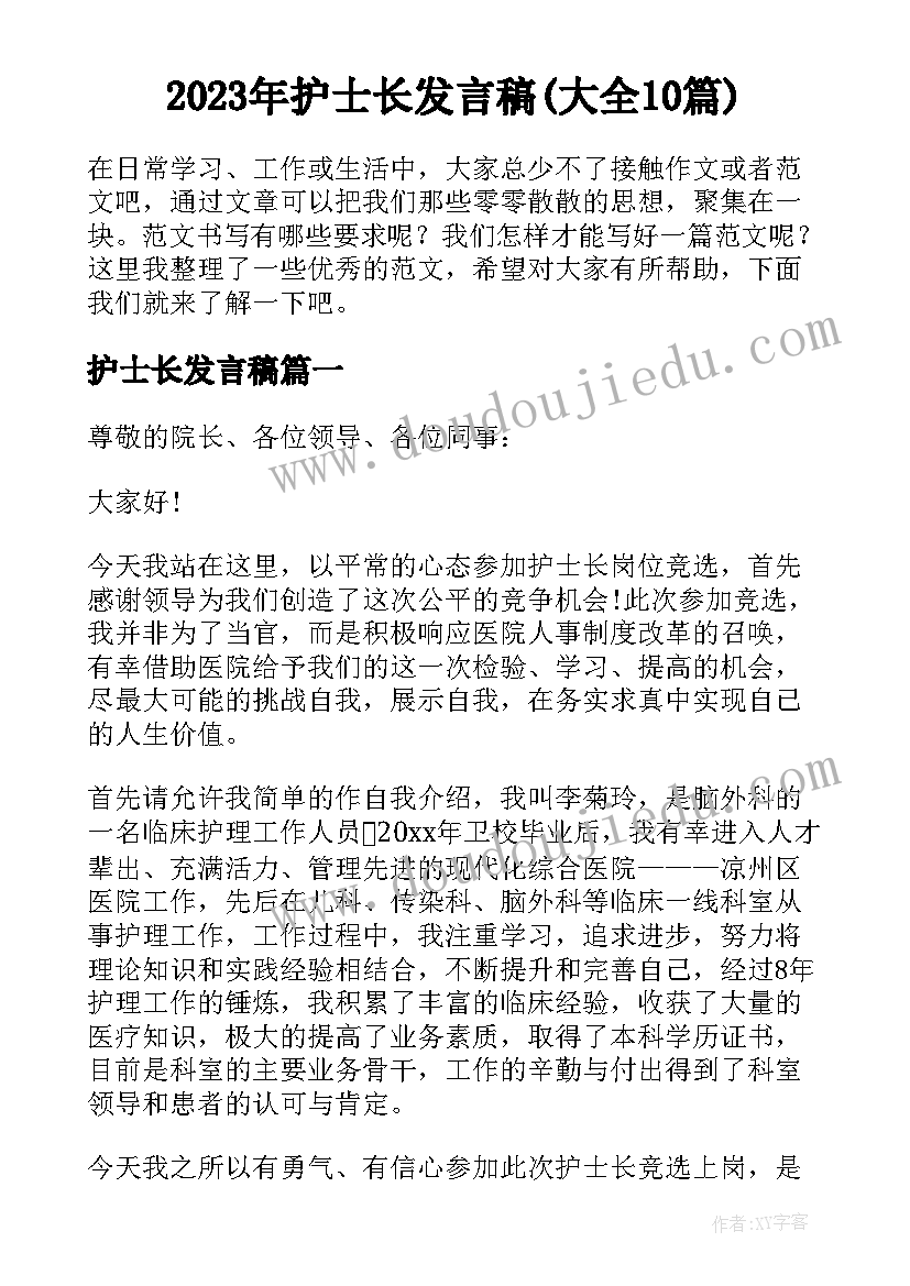 2023年护士长发言稿(大全10篇)