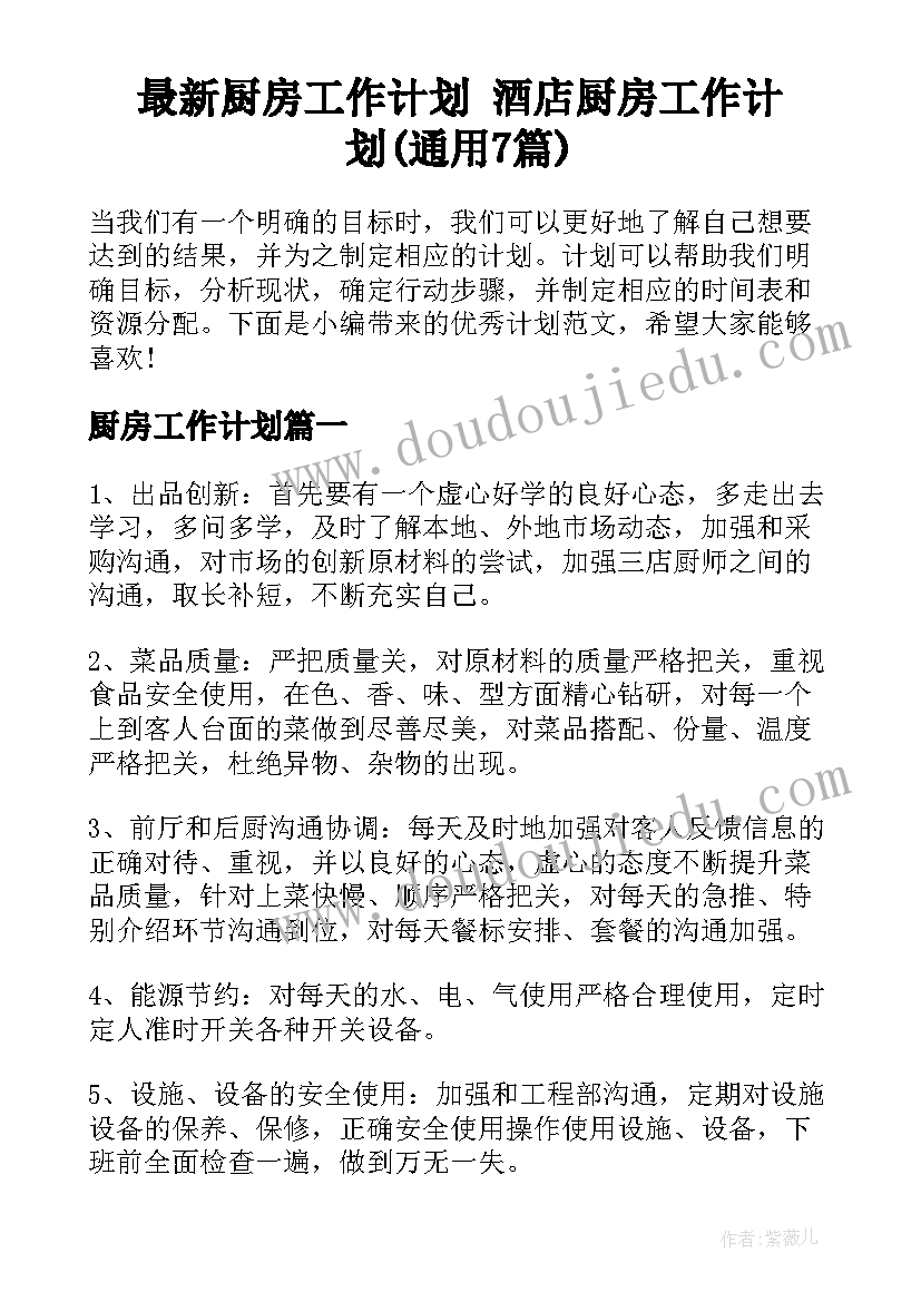 最新厨房工作计划 酒店厨房工作计划(通用7篇)