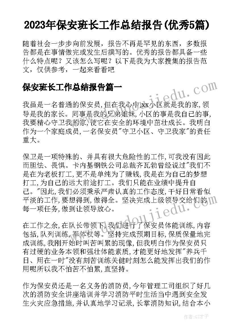 2023年保安班长工作总结报告(优秀5篇)