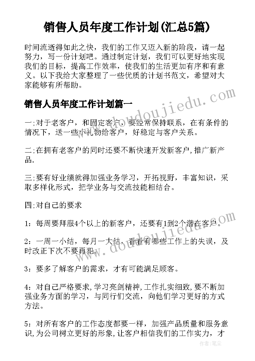 销售人员年度工作计划(汇总5篇)