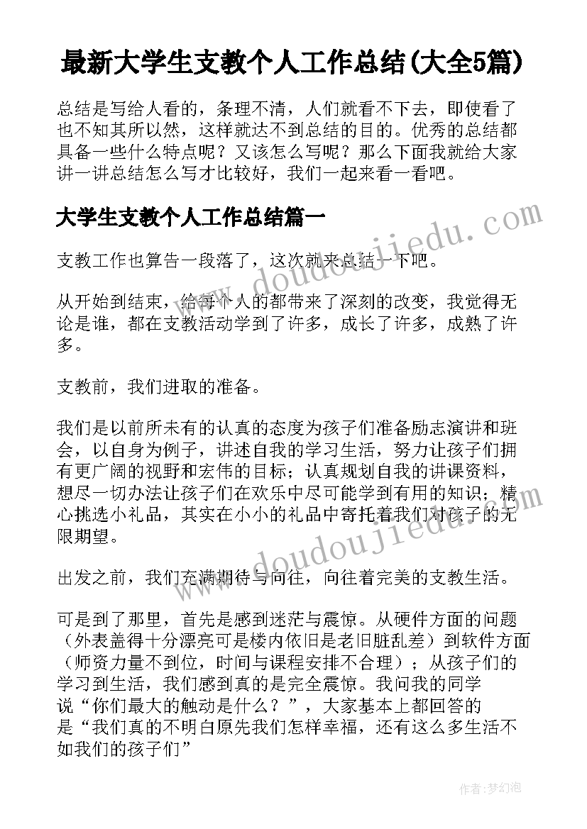 最新大学生支教个人工作总结(大全5篇)