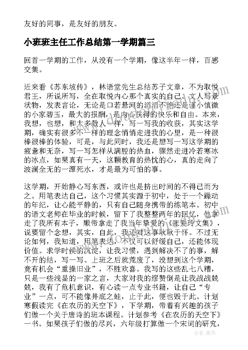 最新小班班主任工作总结第一学期(模板5篇)