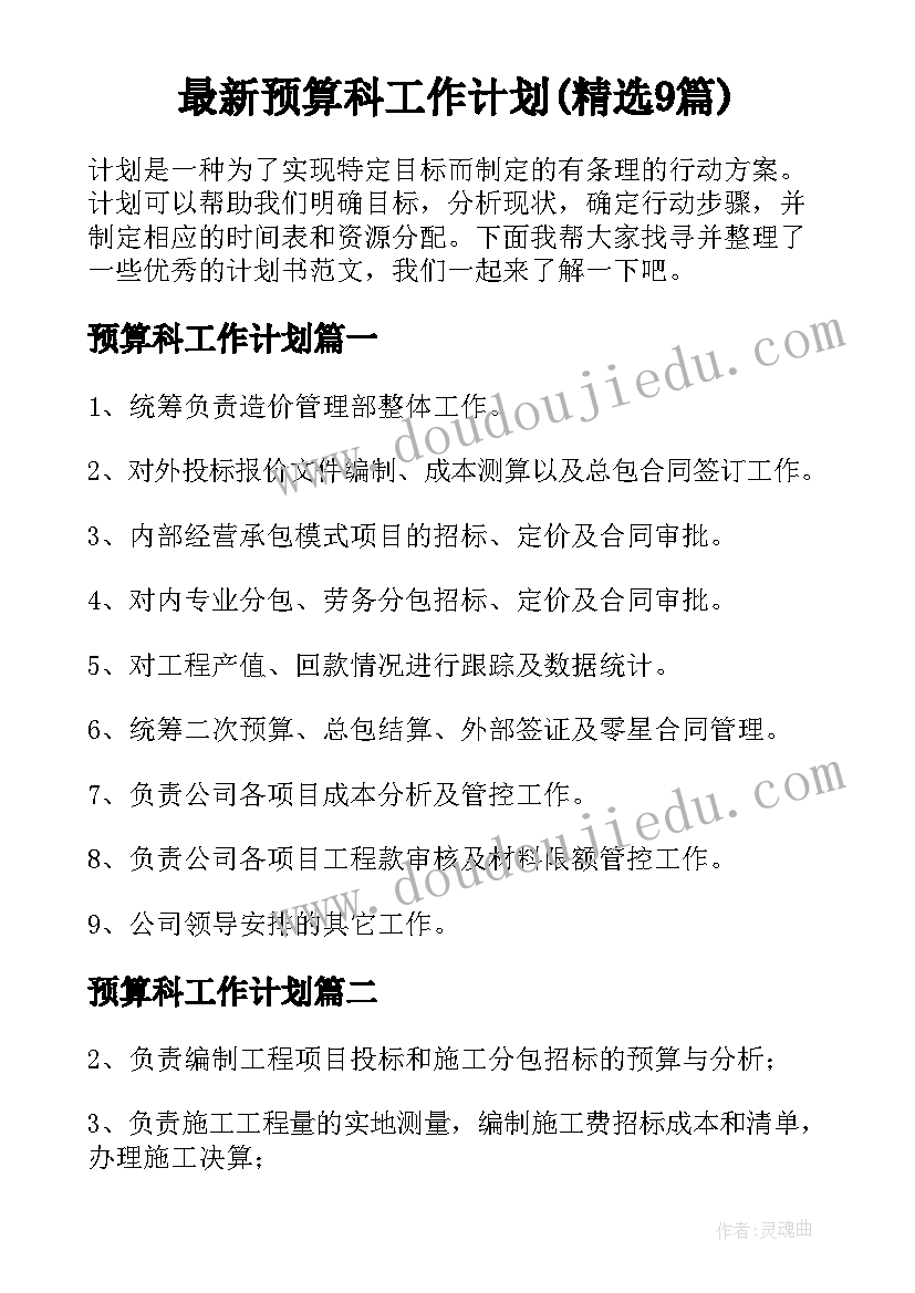 最新预算科工作计划(精选9篇)