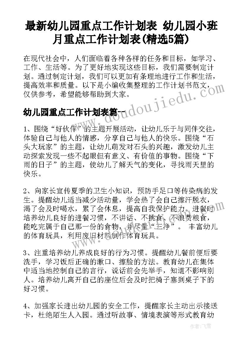 最新幼儿园重点工作计划表 幼儿园小班月重点工作计划表(精选5篇)