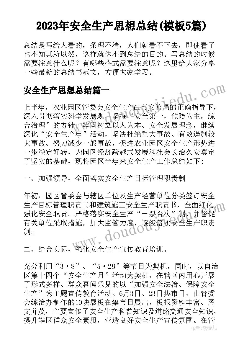 2023年安全生产思想总结(模板5篇)