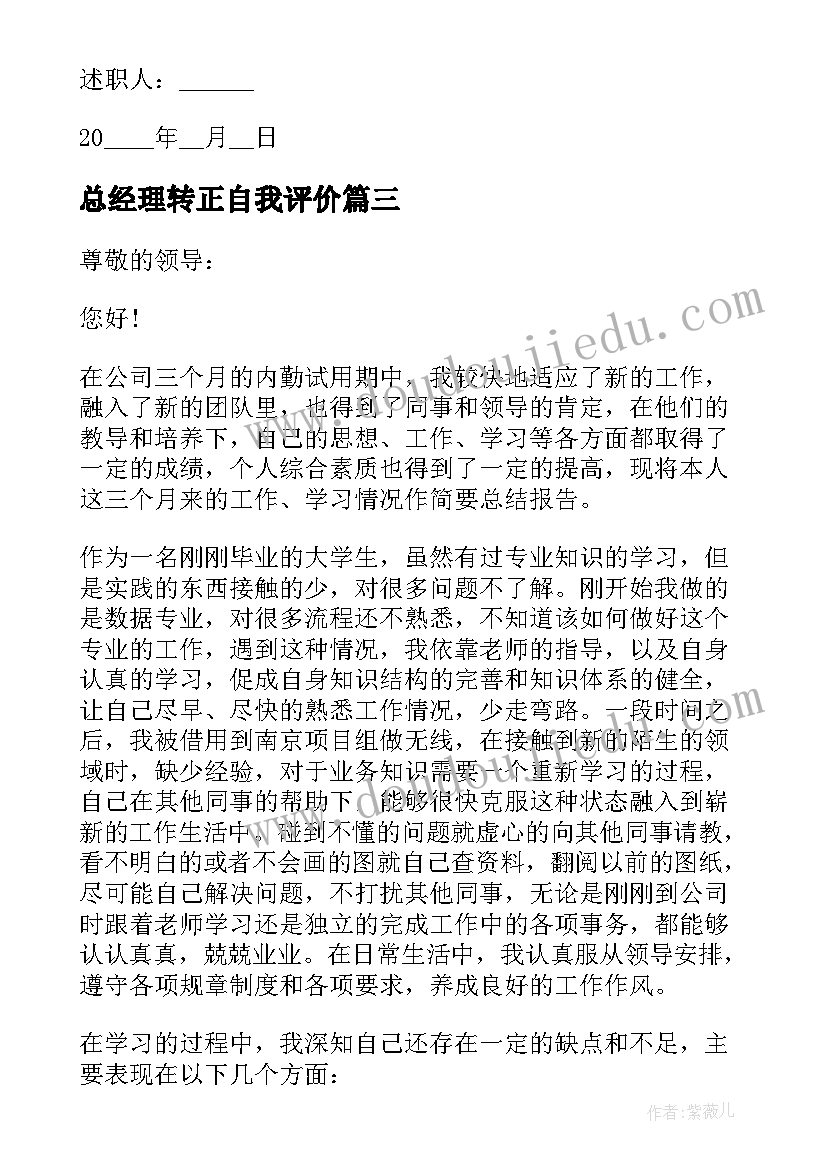 最新总经理转正自我评价 社工转正工作述职报告(大全10篇)