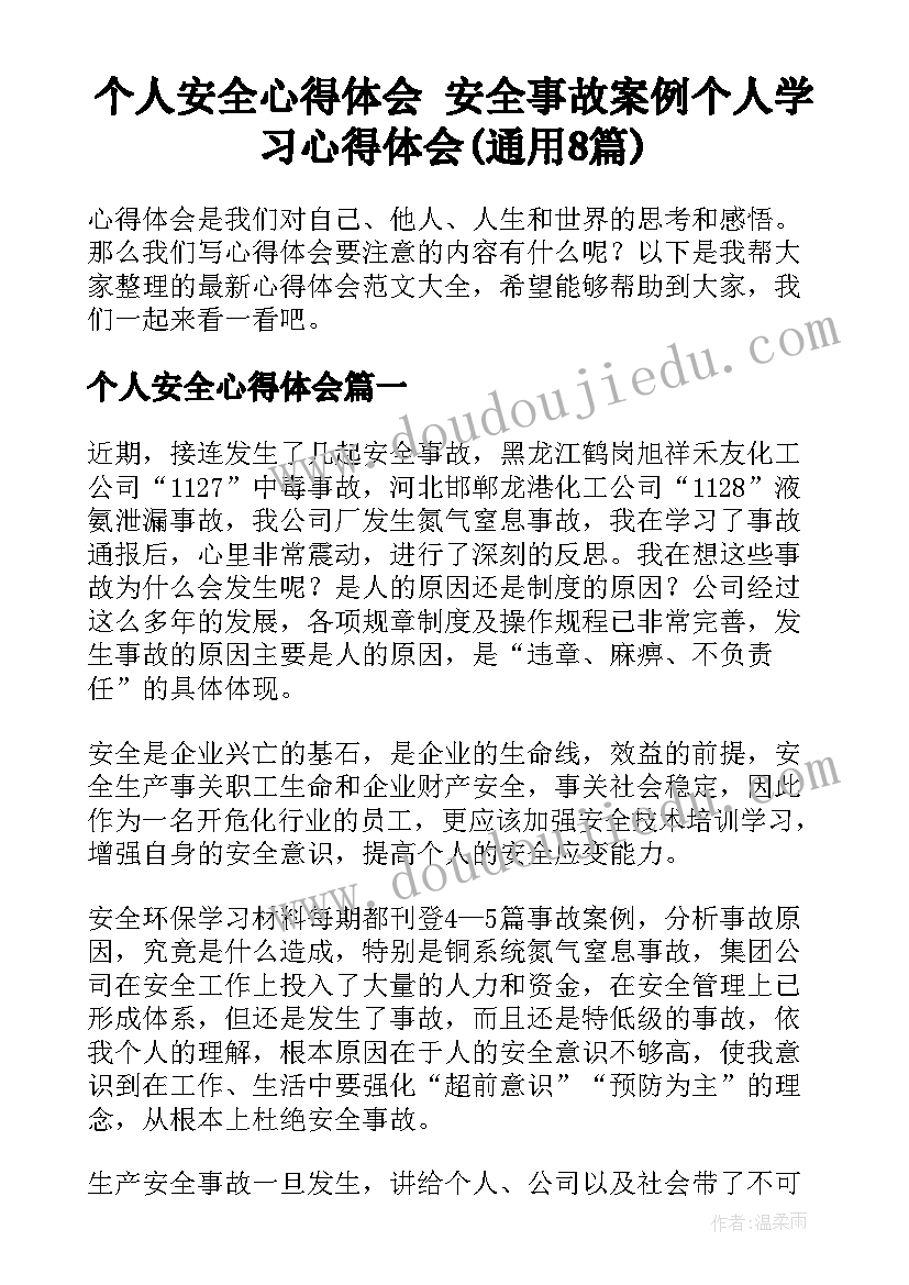 个人安全心得体会 安全事故案例个人学习心得体会(通用8篇)