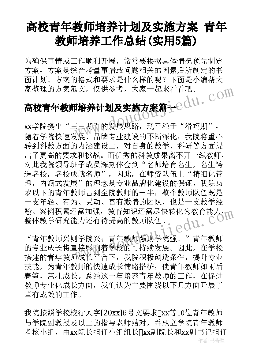 高校青年教师培养计划及实施方案 青年教师培养工作总结(实用5篇)