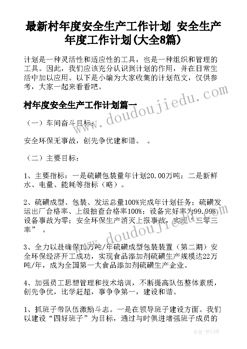 最新村年度安全生产工作计划 安全生产年度工作计划(大全8篇)