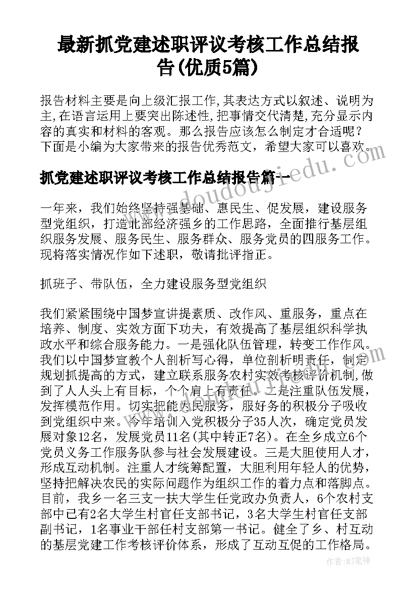 最新抓党建述职评议考核工作总结报告(优质5篇)