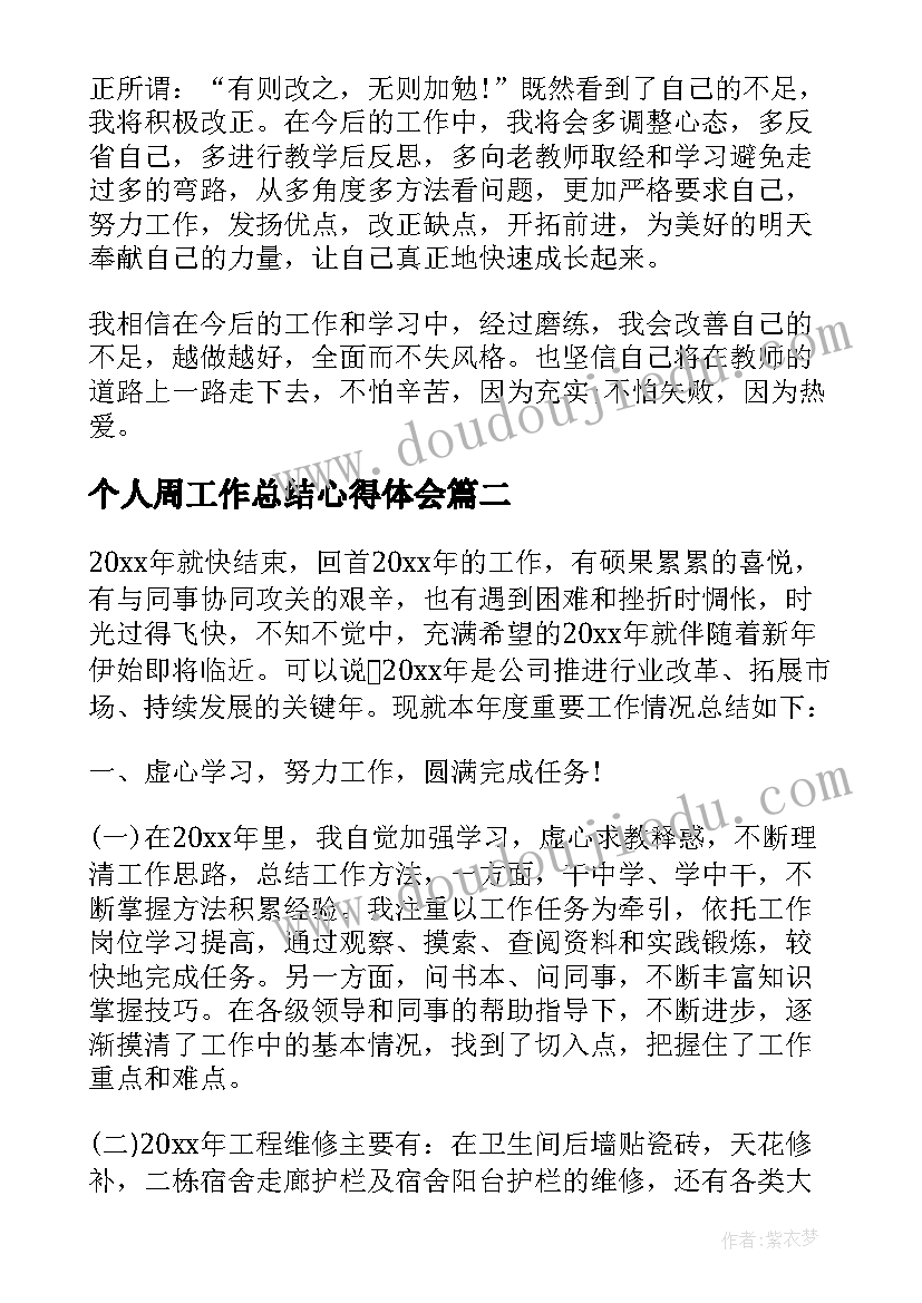 2023年个人周工作总结心得体会 个人年终工作总结个人工作总结(优秀6篇)