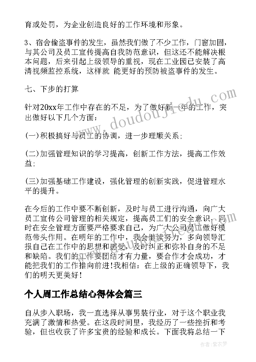 2023年个人周工作总结心得体会 个人年终工作总结个人工作总结(优秀6篇)