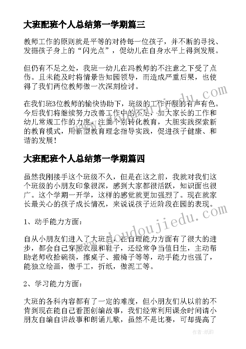 2023年大班配班个人总结第一学期(模板5篇)