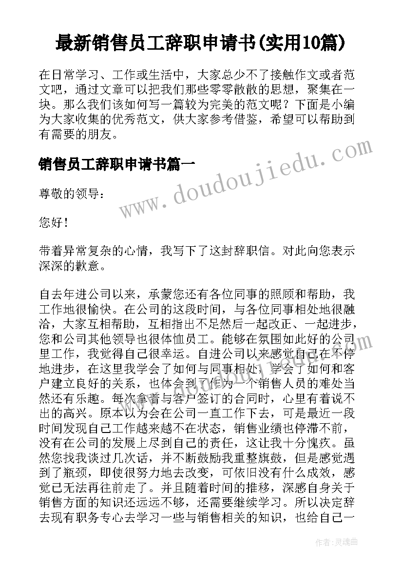 最新销售员工辞职申请书(实用10篇)