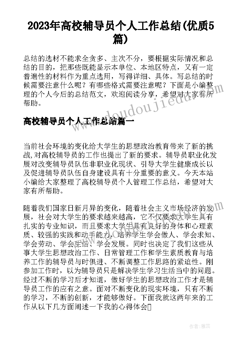 2023年高校辅导员个人工作总结(优质5篇)