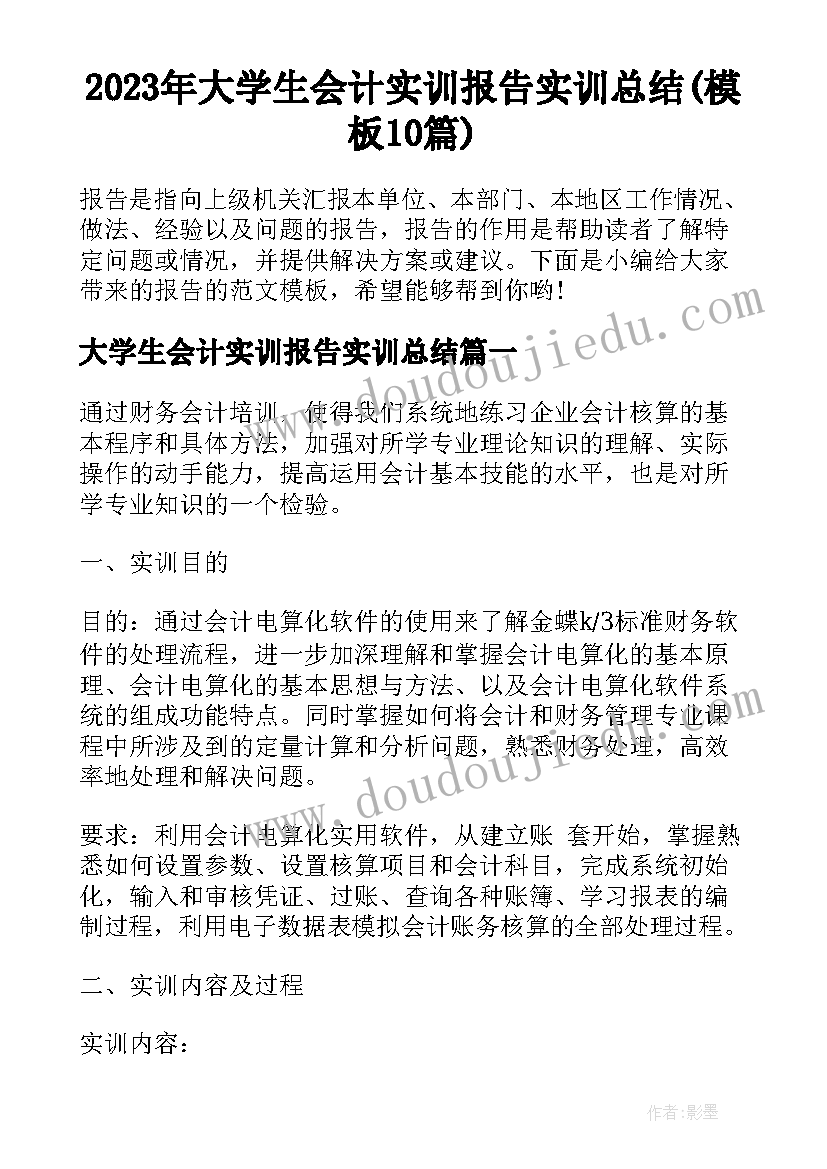 2023年大学生会计实训报告实训总结(模板10篇)