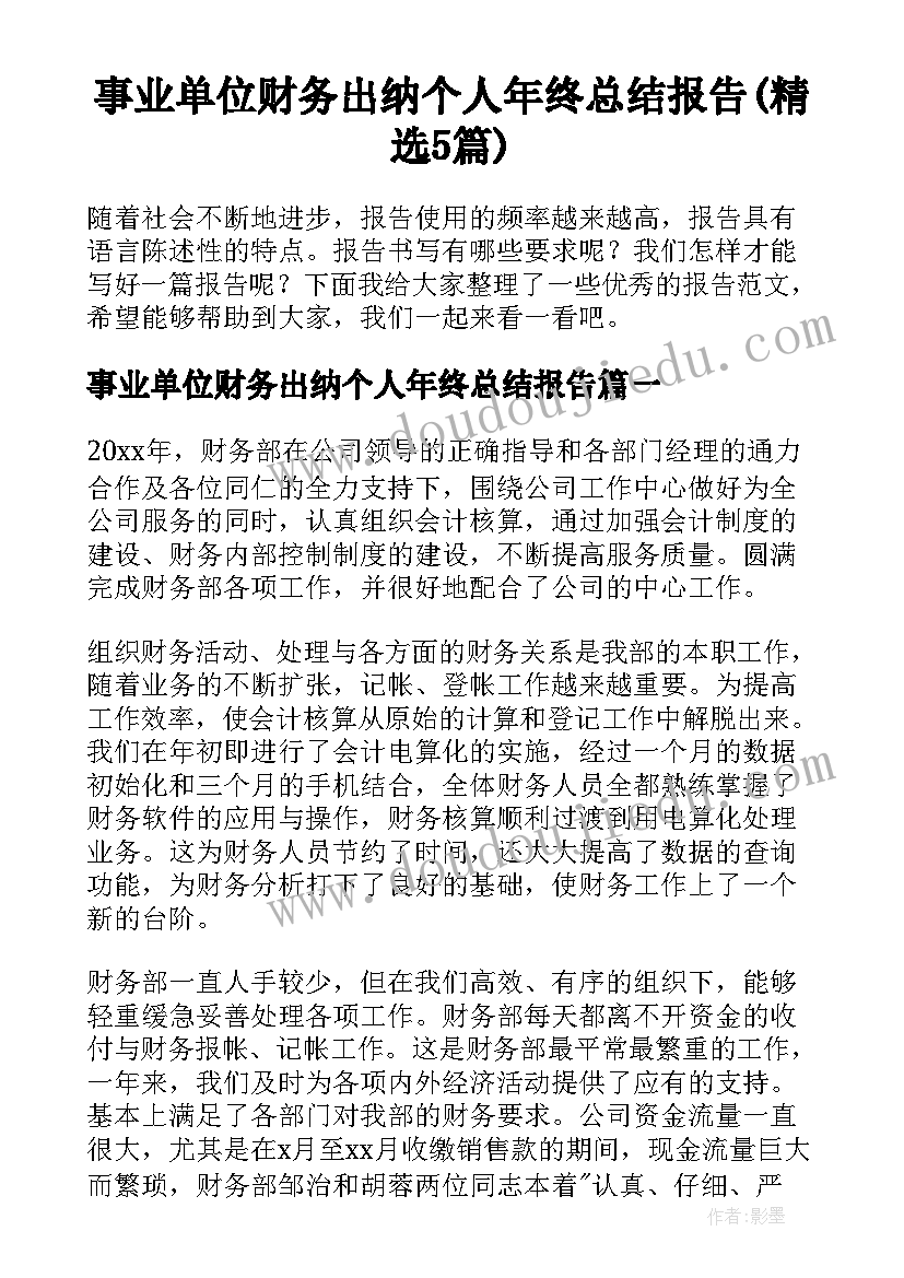 事业单位财务出纳个人年终总结报告(精选5篇)