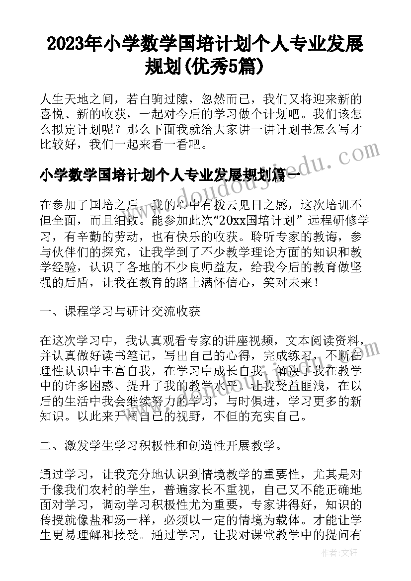 2023年小学数学国培计划个人专业发展规划(优秀5篇)