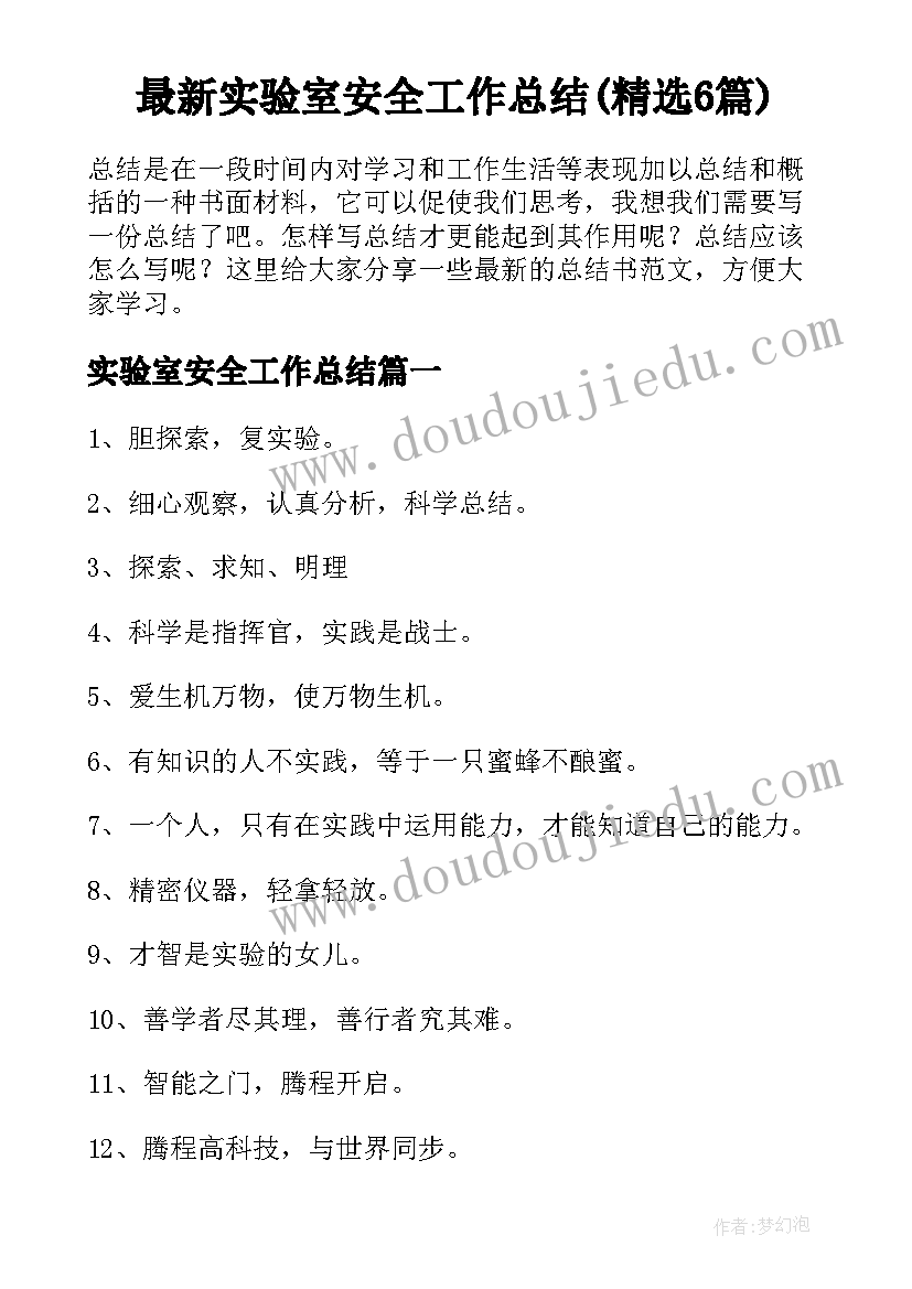 最新实验室安全工作总结(精选6篇)