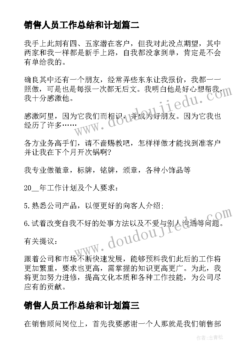 销售人员工作总结和计划(通用7篇)