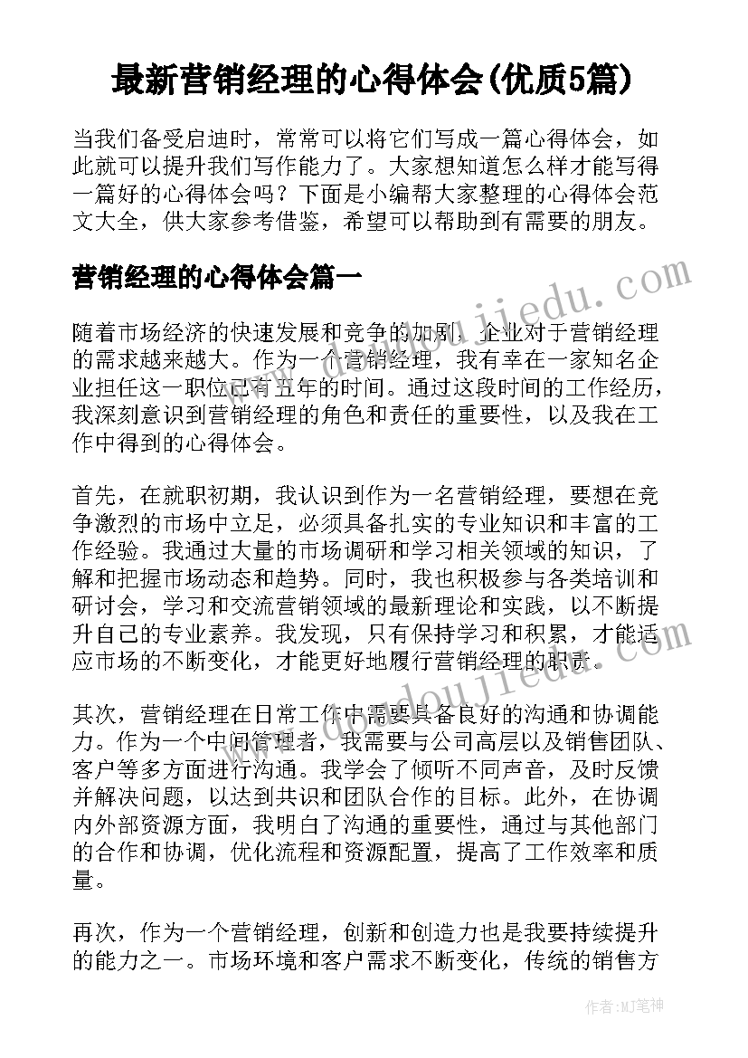 最新营销经理的心得体会(优质5篇)