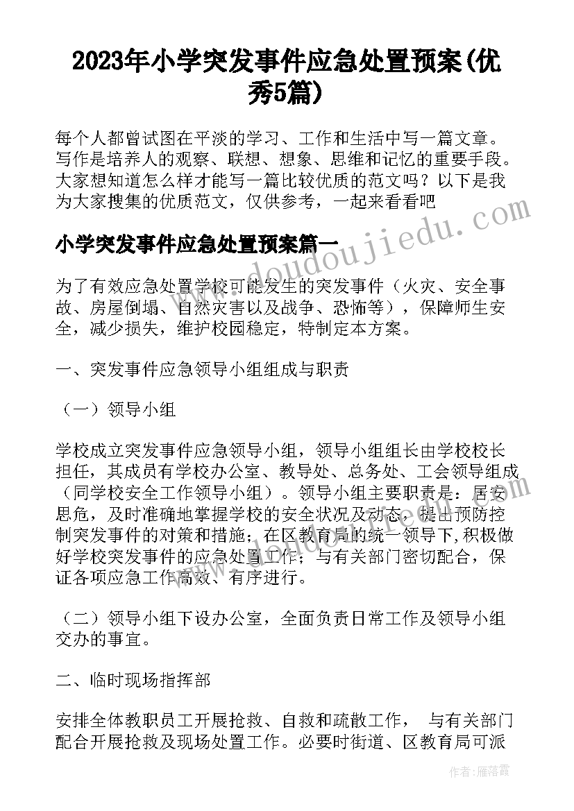 2023年小学突发事件应急处置预案(优秀5篇)