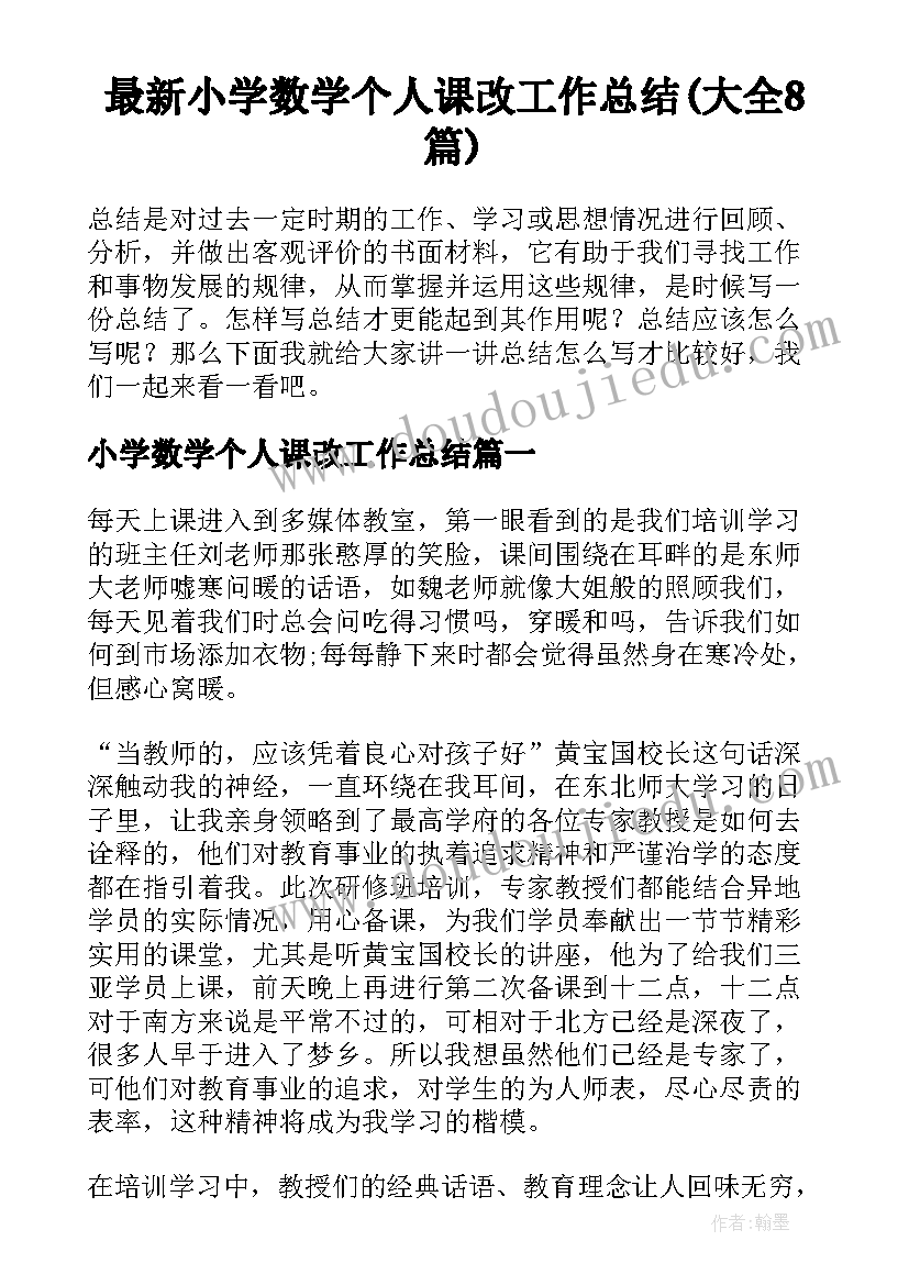 最新小学数学个人课改工作总结(大全8篇)