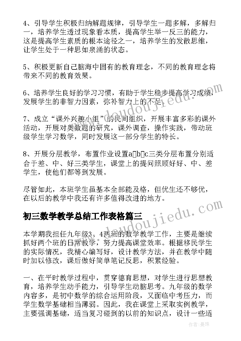 2023年初三数学教学总结工作表格(优秀8篇)