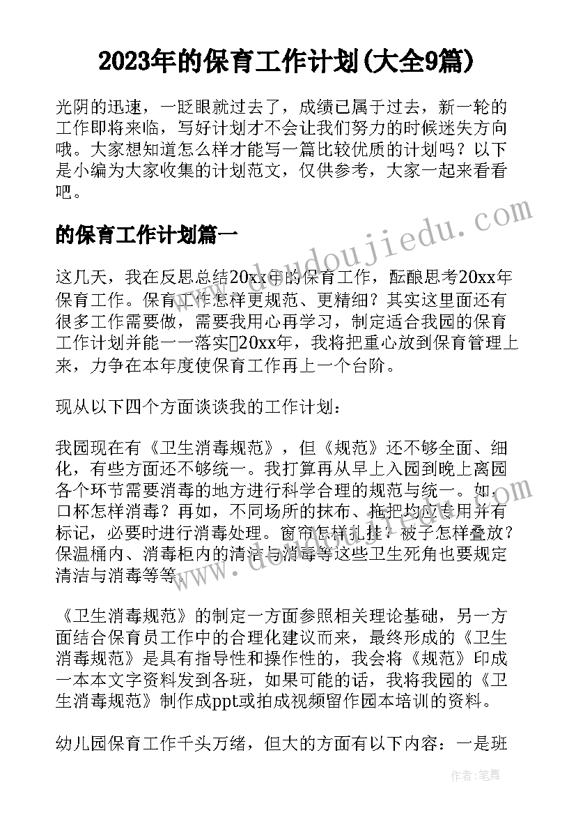 2023年的保育工作计划(大全9篇)