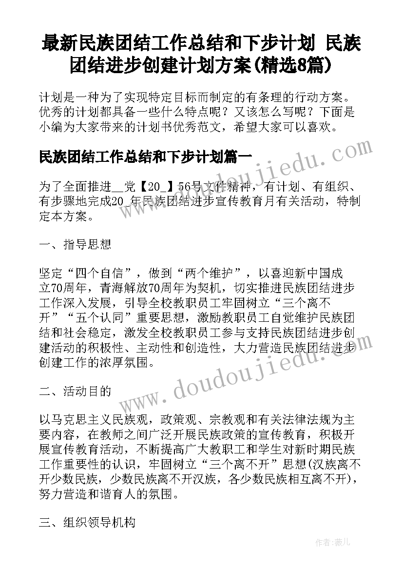 最新民族团结工作总结和下步计划 民族团结进步创建计划方案(精选8篇)