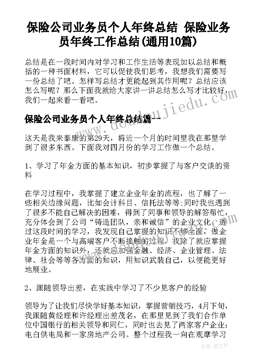 保险公司业务员个人年终总结 保险业务员年终工作总结(通用10篇)