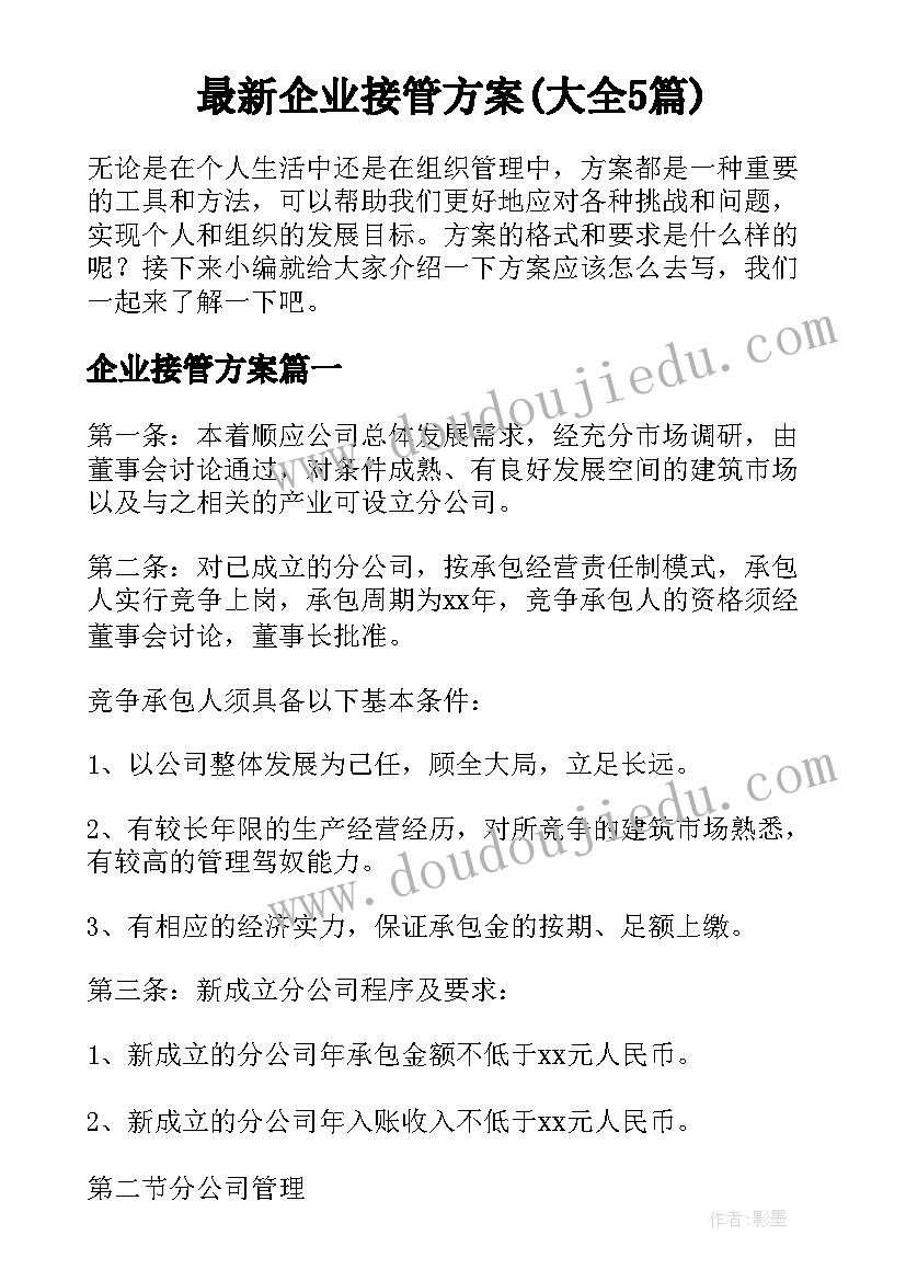 最新企业接管方案(大全5篇)