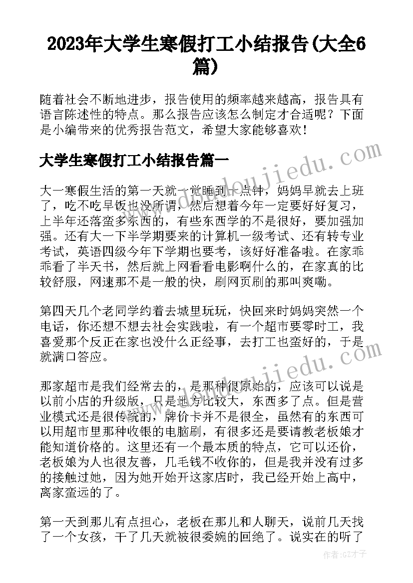 2023年大学生寒假打工小结报告(大全6篇)