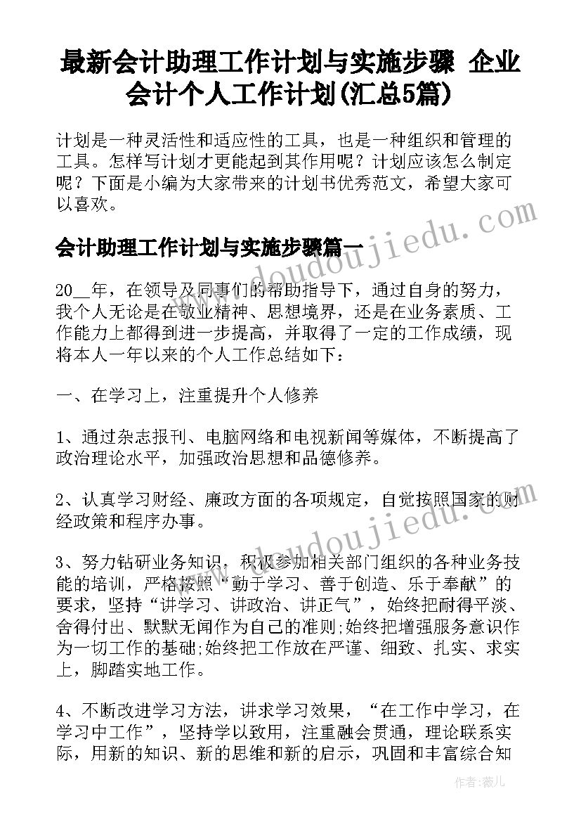 最新会计助理工作计划与实施步骤 企业会计个人工作计划(汇总5篇)