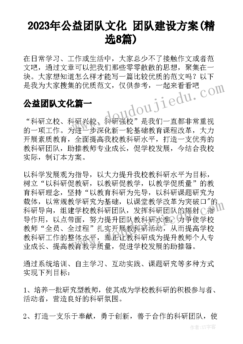 2023年公益团队文化 团队建设方案(精选8篇)