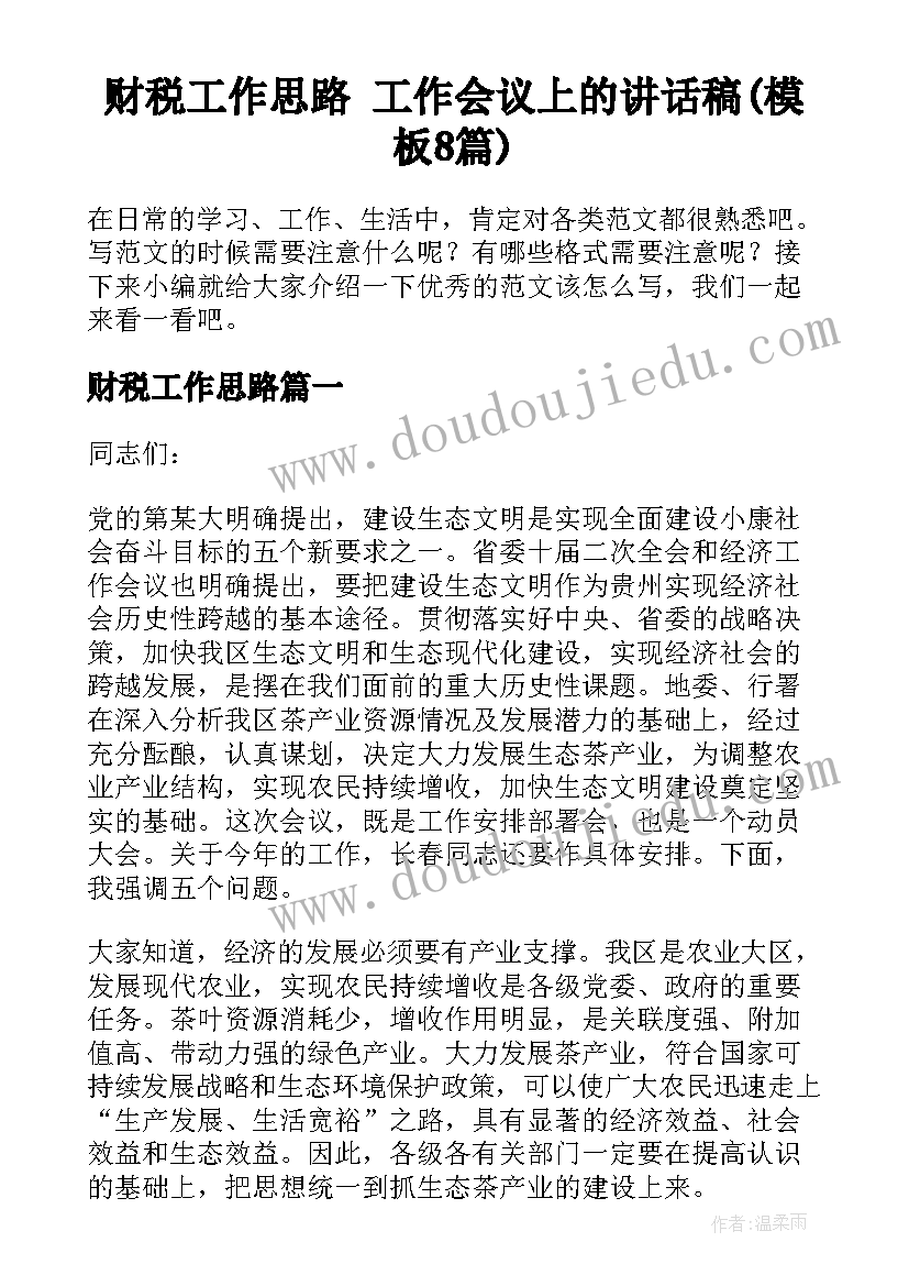 财税工作思路 工作会议上的讲话稿(模板8篇)