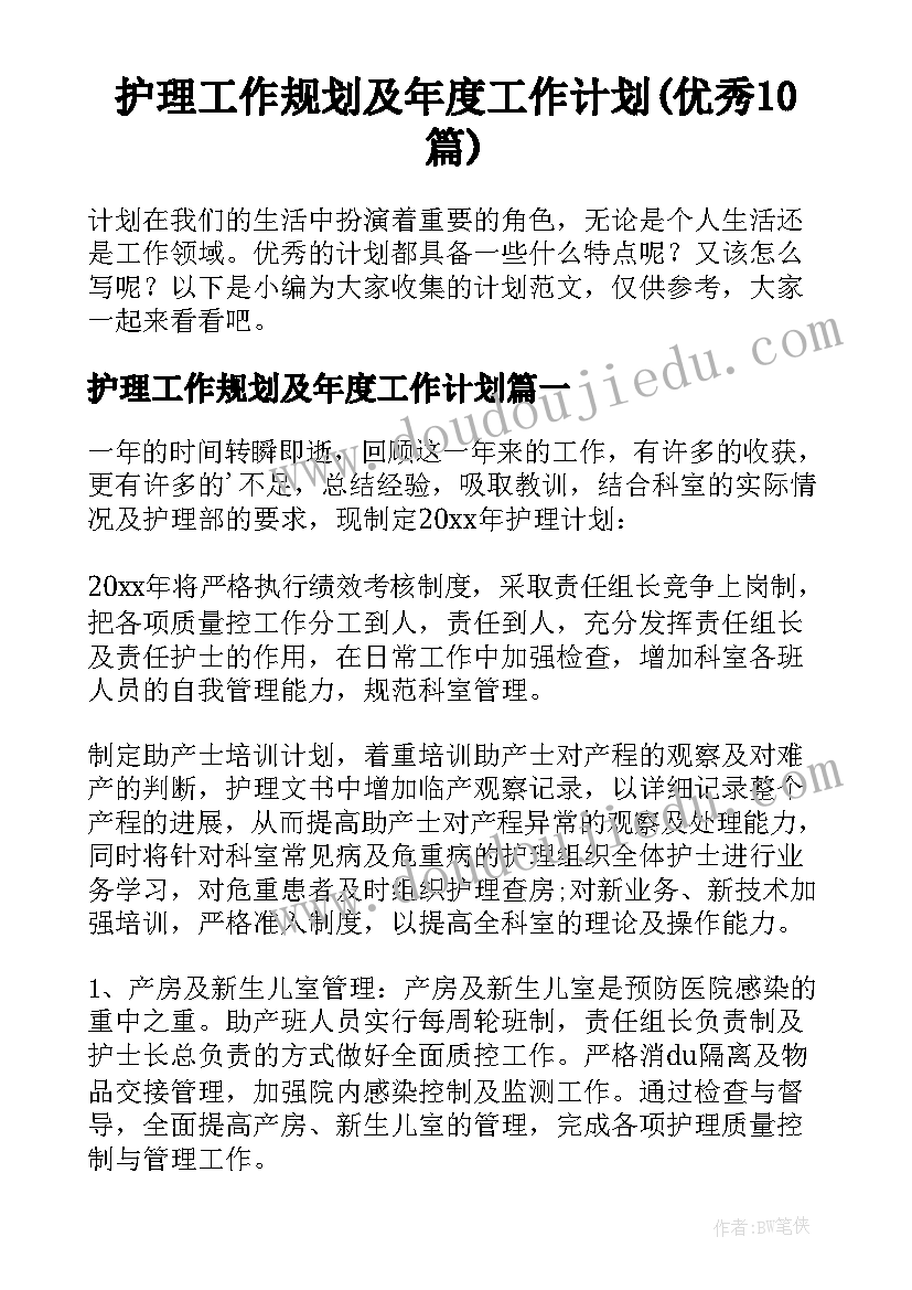 护理工作规划及年度工作计划(优秀10篇)