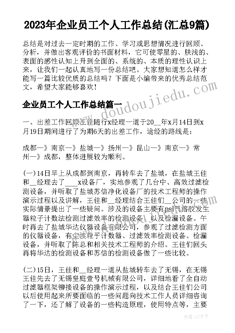 2023年企业员工个人工作总结(汇总9篇)