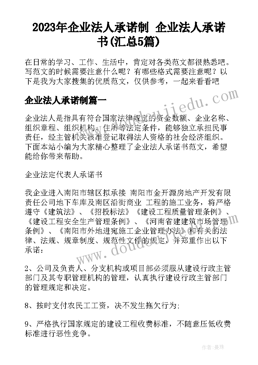 2023年企业法人承诺制 企业法人承诺书(汇总5篇)