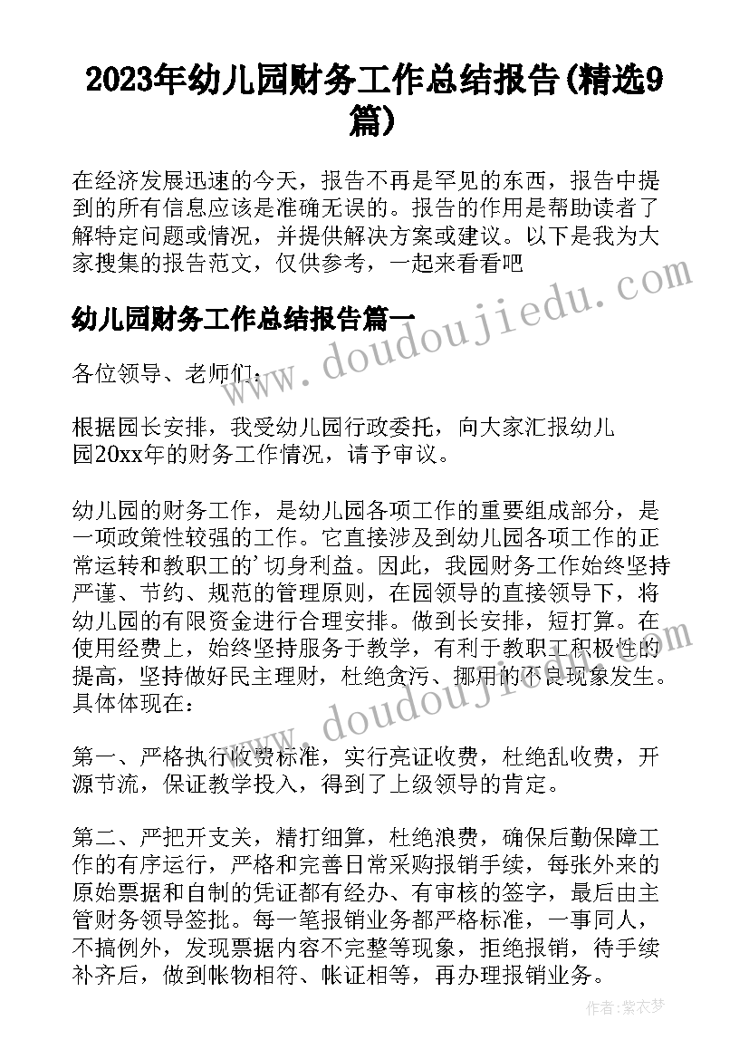 2023年幼儿园财务工作总结报告(精选9篇)