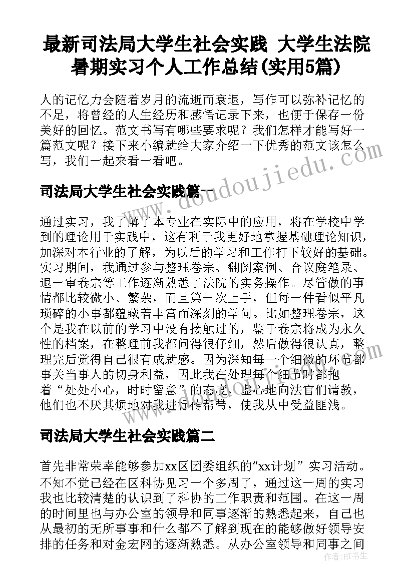 最新司法局大学生社会实践 大学生法院暑期实习个人工作总结(实用5篇)