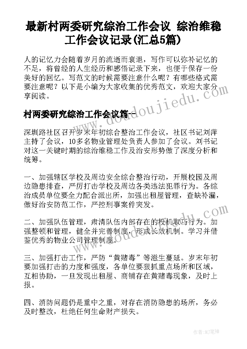 最新村两委研究综治工作会议 综治维稳工作会议记录(汇总5篇)