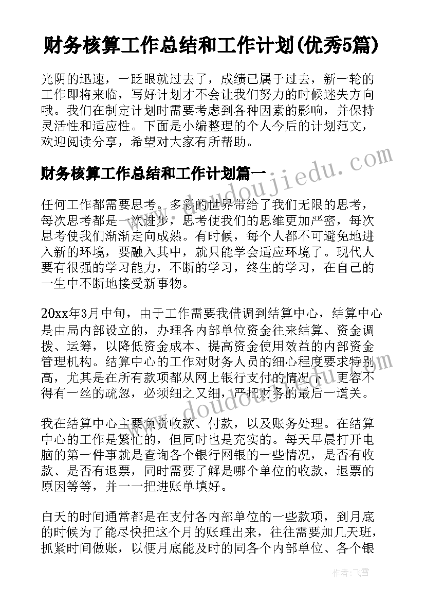 财务核算工作总结和工作计划(优秀5篇)