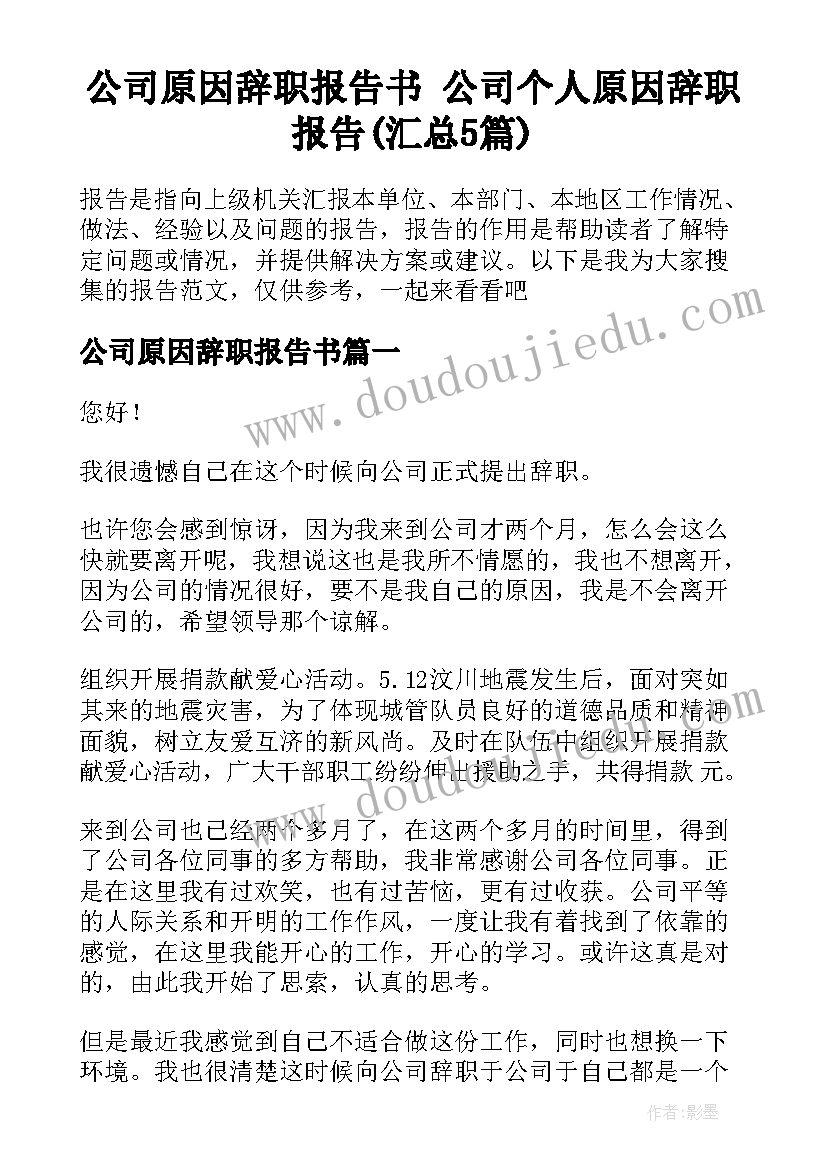 公司原因辞职报告书 公司个人原因辞职报告(汇总5篇)