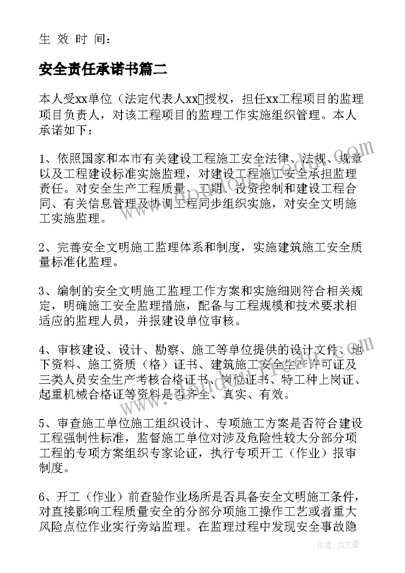 安全责任承诺书(汇总7篇)