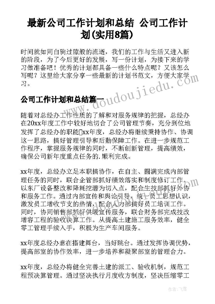 最新公司工作计划和总结 公司工作计划(实用8篇)