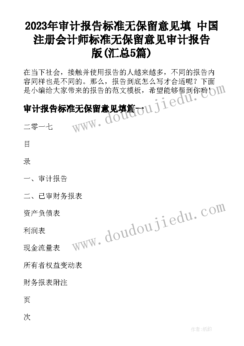 2023年审计报告标准无保留意见填 中国注册会计师标准无保留意见审计报告版(汇总5篇)