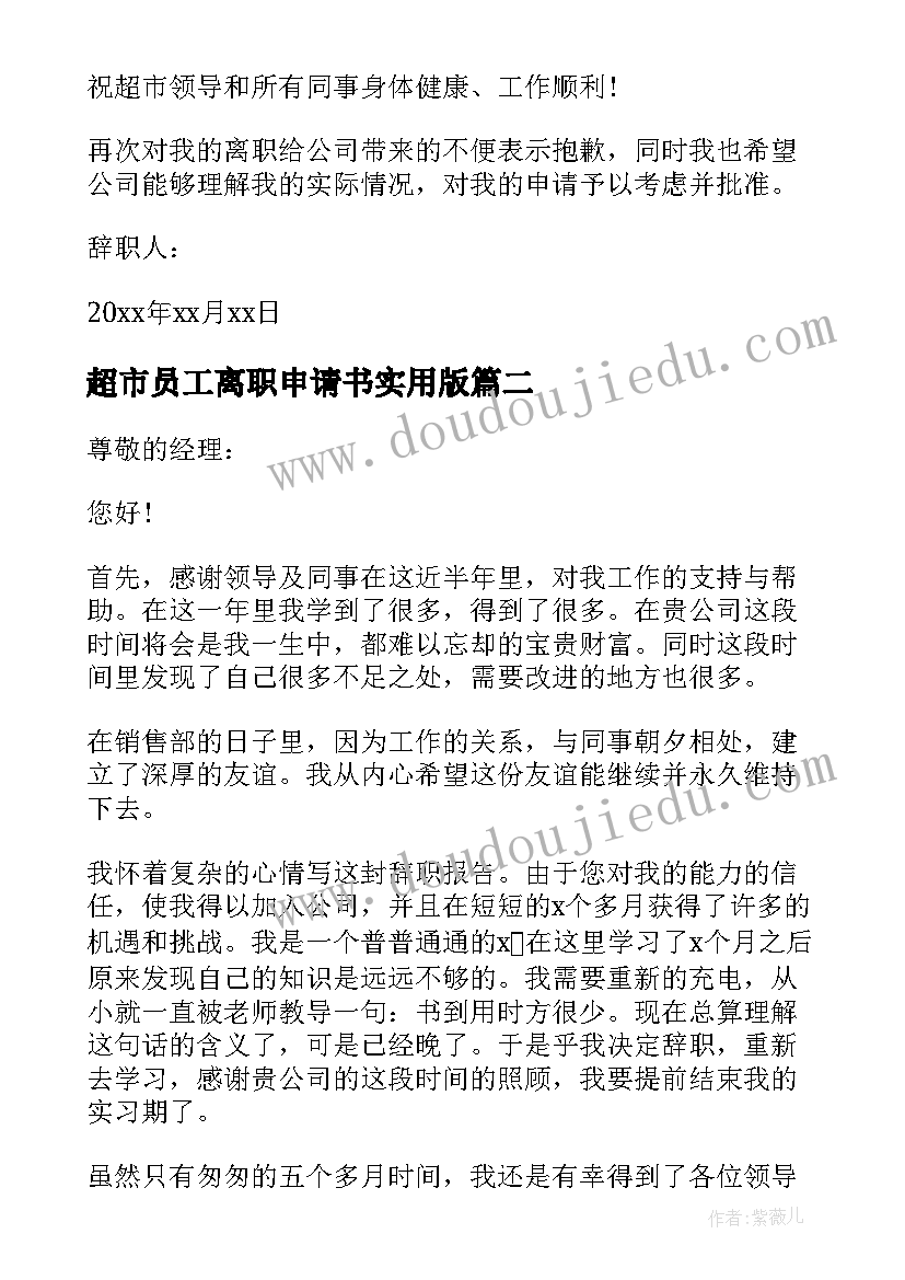 超市员工离职申请书实用版 超市员工离职申请书(实用6篇)