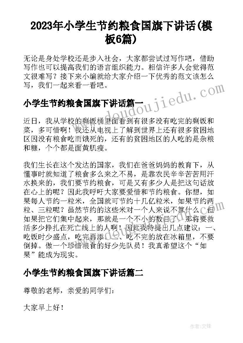 2023年小学生节约粮食国旗下讲话(模板6篇)