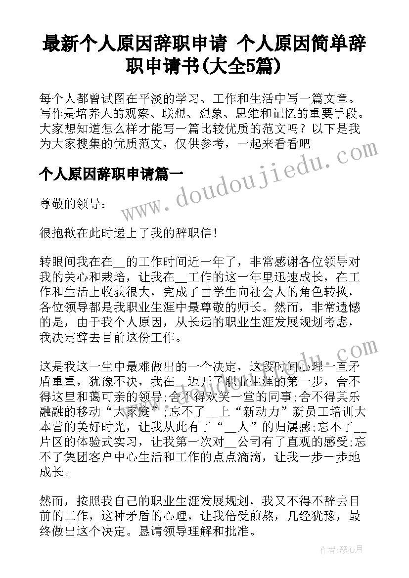 最新个人原因辞职申请 个人原因简单辞职申请书(大全5篇)